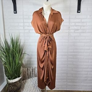NWT Rust Orange Button Down Silky Midi Dress Size 0